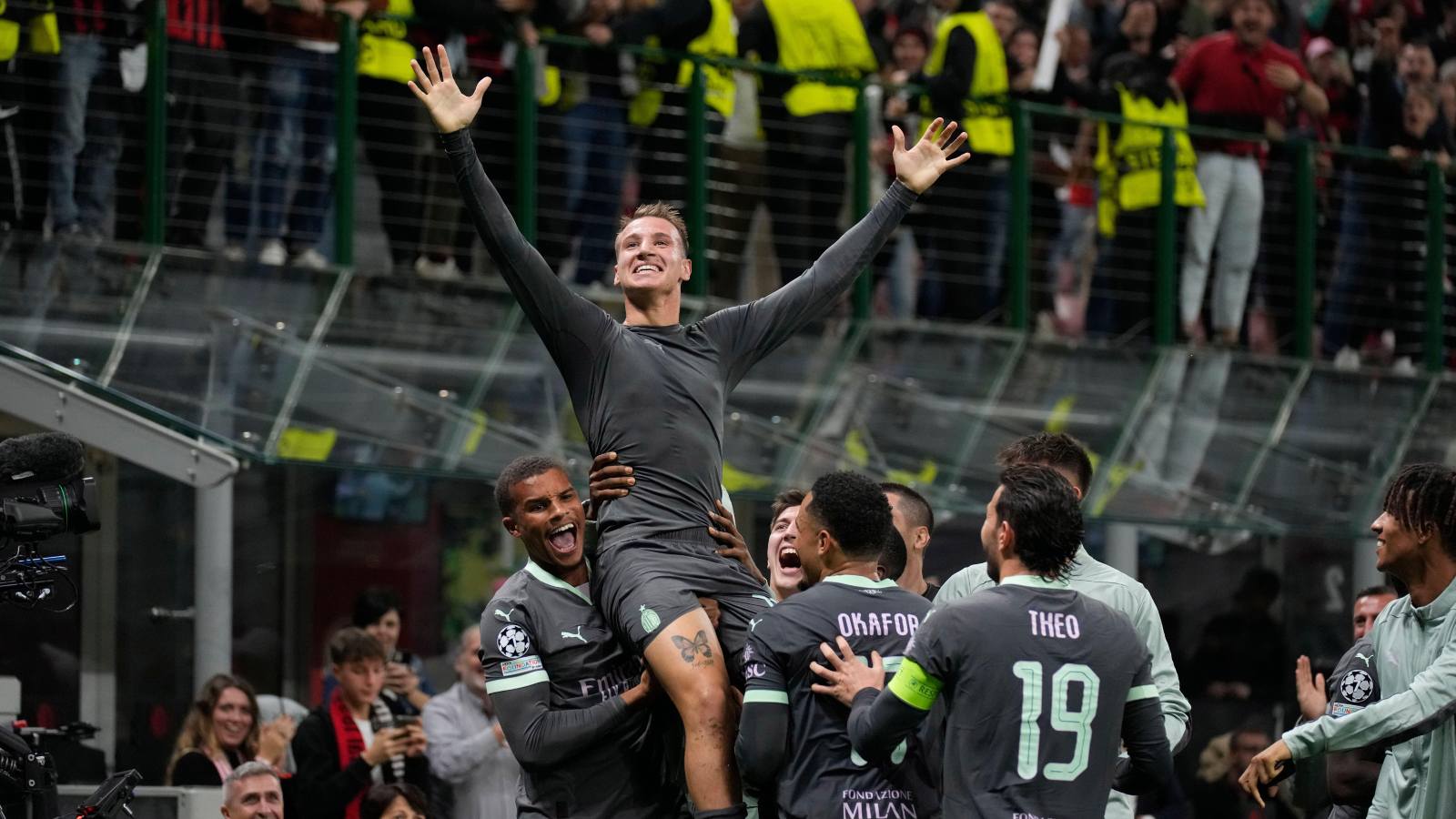 Francesco Camarda celebrates an offside goal for Milan.
